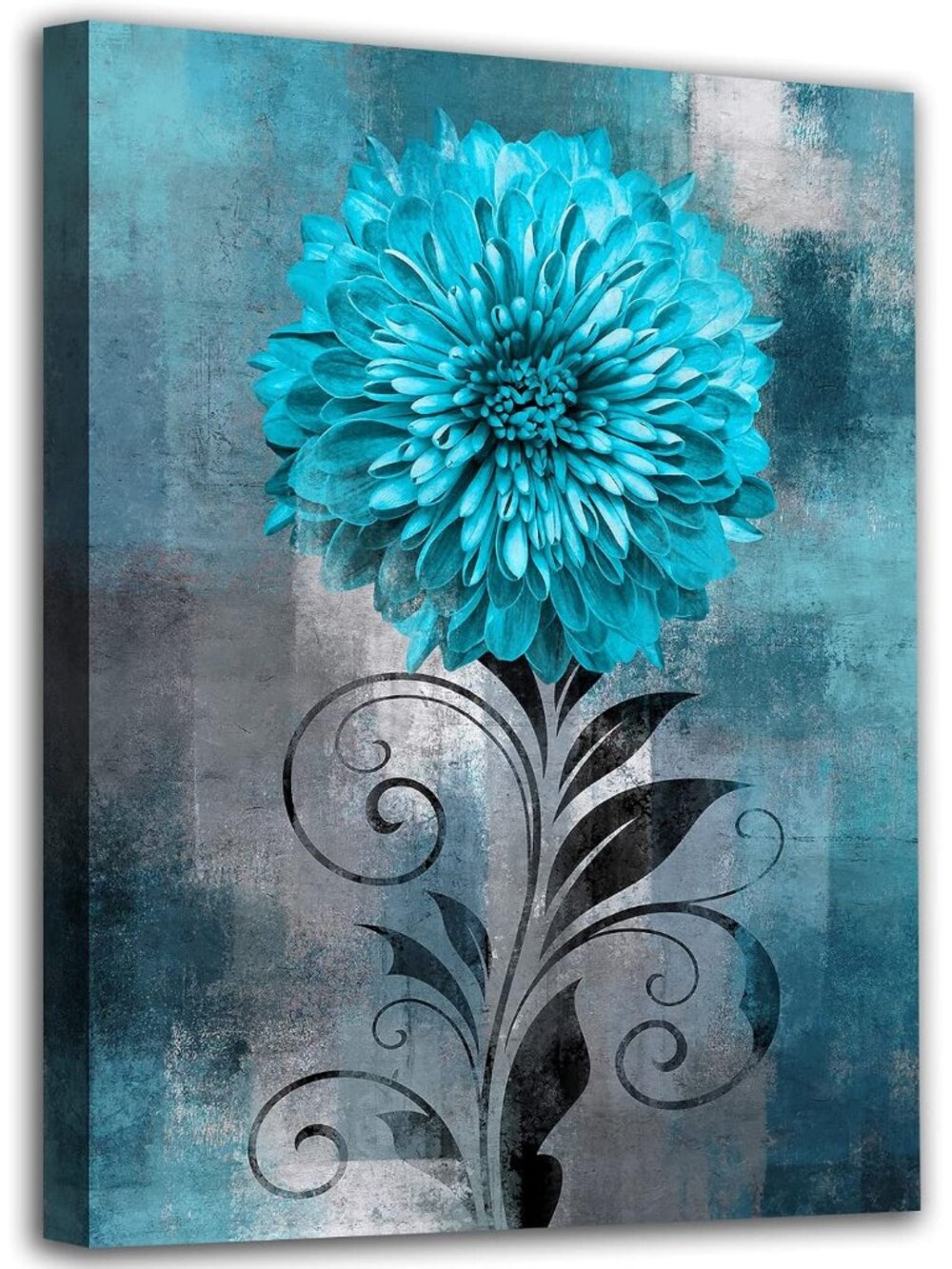 Abstract Flowers Wall Art Teal Flower Canvas Pictures Rustic Blossom Canvas Pain